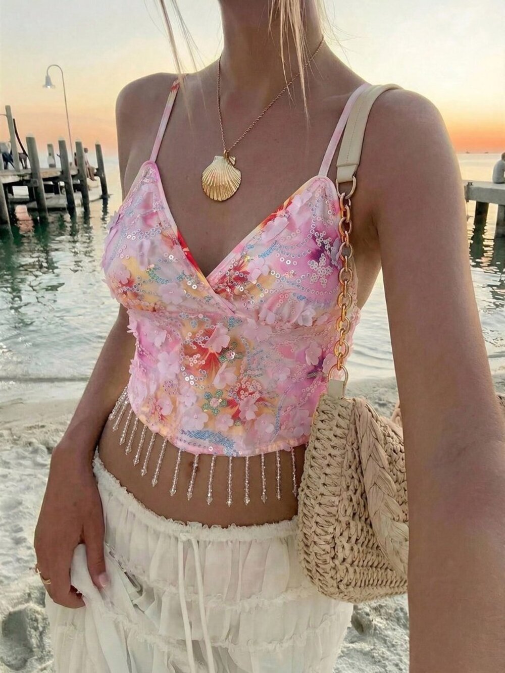 Baby Pink Boho Women's Holiday 3d Floral Decor Beaded Tassel Hem Camisole Top